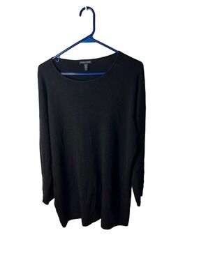 Eileen Fisher Superfine Merino Wool Black Long-Sleeve Crewneck Knit Tunic Top L